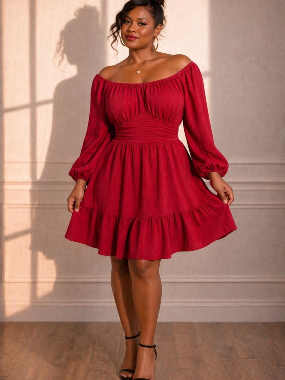 Plus Off-Shoulder Ruffled Mini Dress in Deep Red